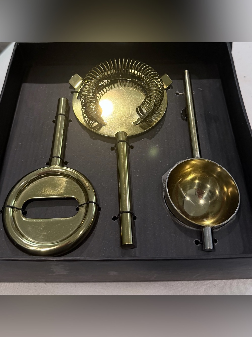 Crate & Barrel Calder Brass 3-Pc Bar Tool Set Gold Cocktail Box